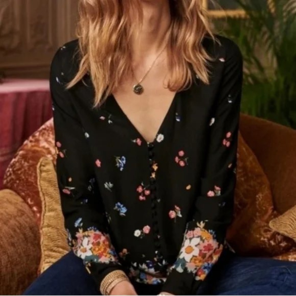 Sézane Heloise Floral‎ Print V-Neck Button Front Blouse EU 36